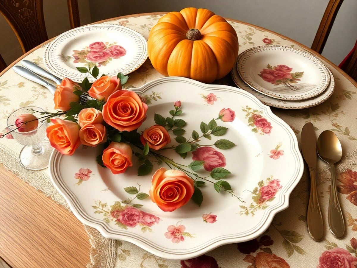 How can I decorate for Thanksgiving with antique rose dishes?
