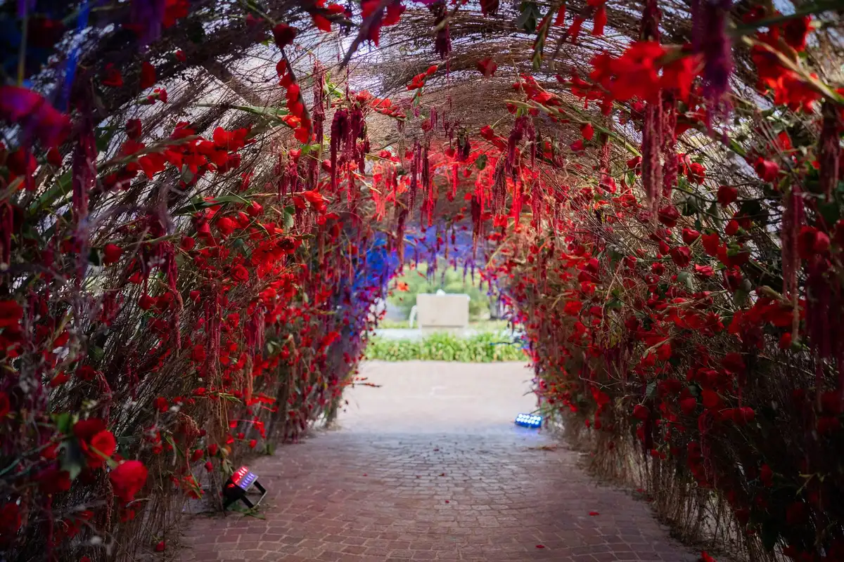Arche lumineuse avec guirlandes scintillantes encadrant l'entrée d'une maison