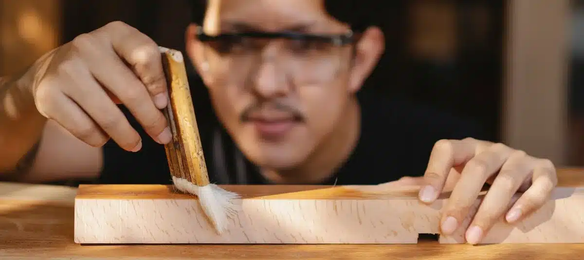 Application de teinture et vernis sur une pièce de bois