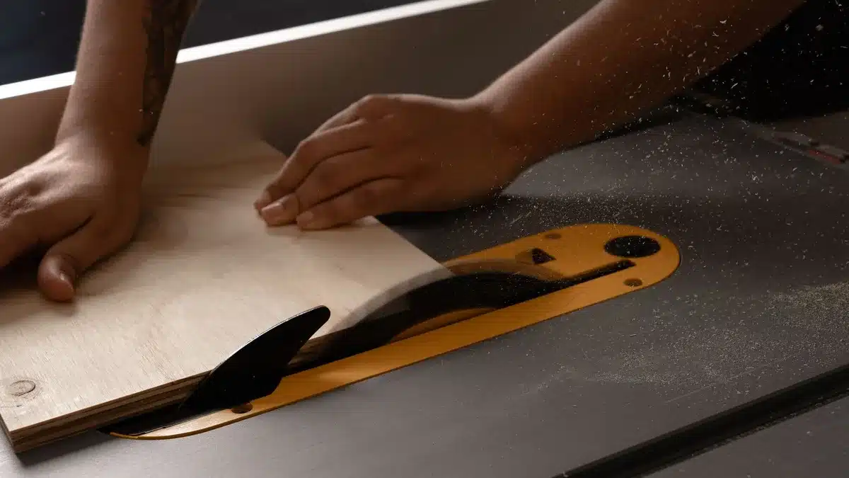 Découpe de stratifié avec une scie circulaire dans un atelier