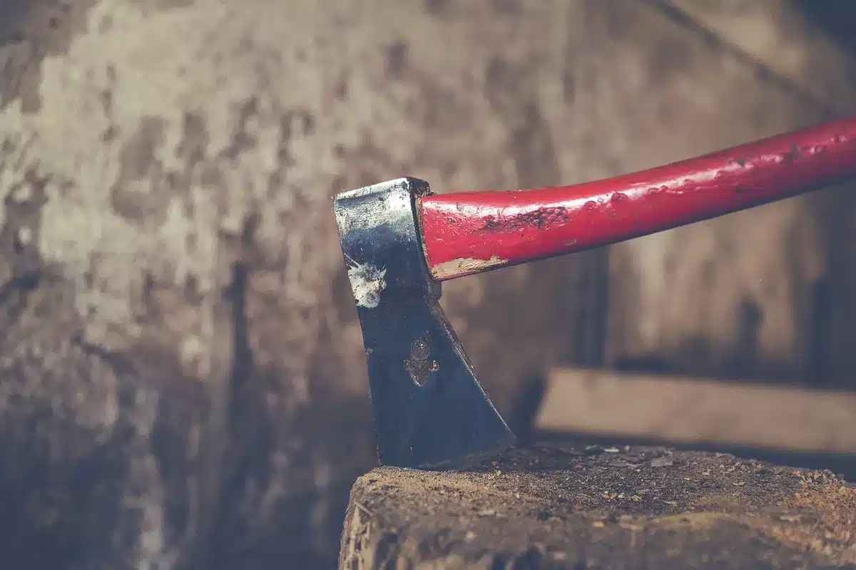 Gros plan sur un manche en bois montrant le grain et la fixation