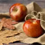 Crate de pommes et poires sur une table ensoleillée avec notes de récolte